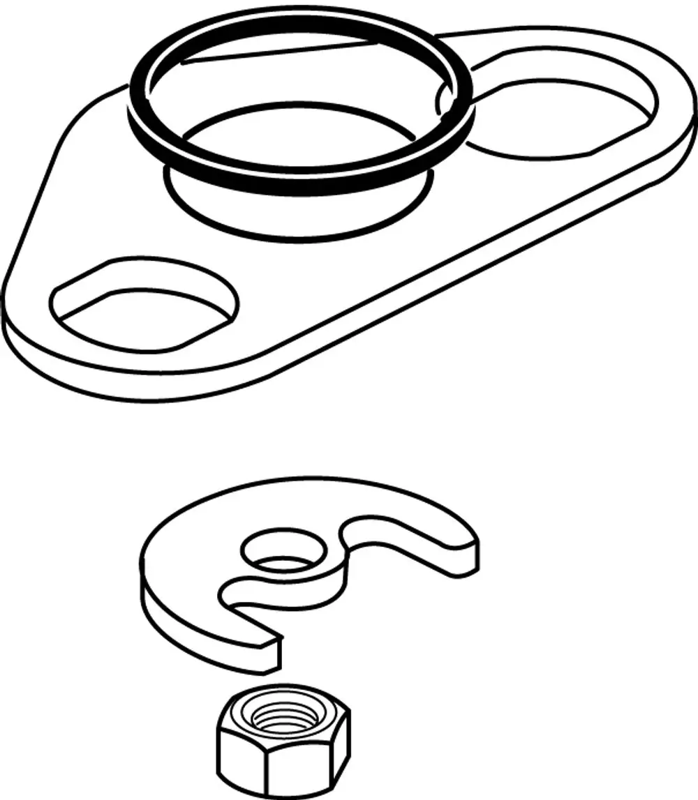 Anschluss-Set für Kombi mit einer flachen Metallplatte, zwei Bohrungen und einem O-Ring sowie einer zusätzlichen gebogenen Blechkomponente und einer Unterlegscheibe von Ideal Standard.